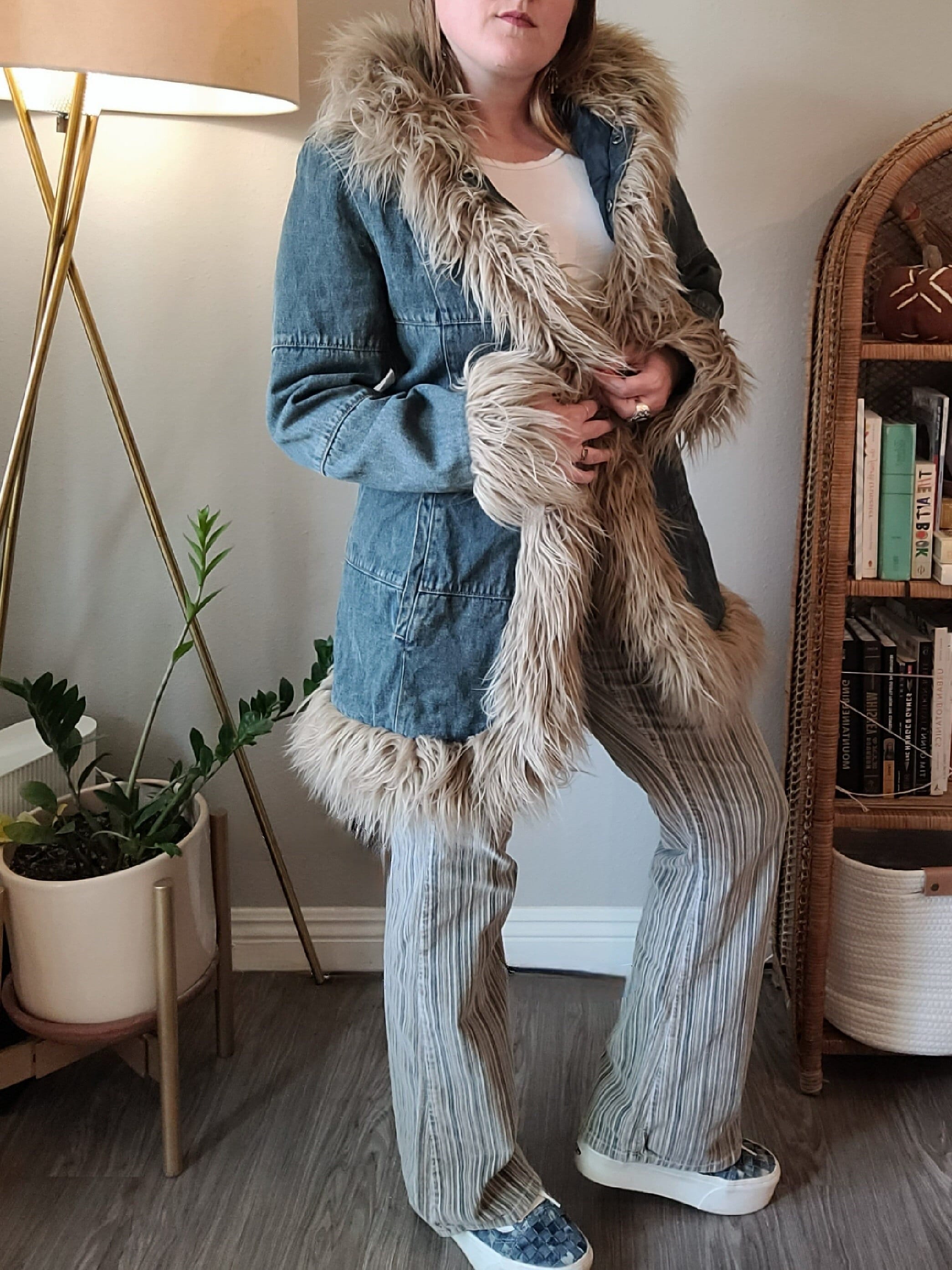 Vintage 90s Y2k Does 70s Patchwork Denim Penny Lane Faux Fur Coat