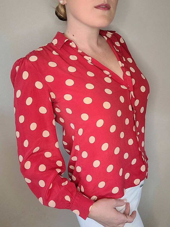 vintage 80s designer red silk polka dot blouse