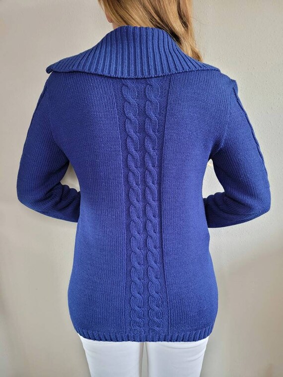 Vintage 70s Chunky Navy Cable Knit Cardigan, Size… - image 3