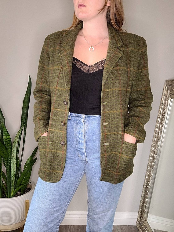 Vintage 90s Olive Green Plaid Wool Blazer, Size S… - image 5