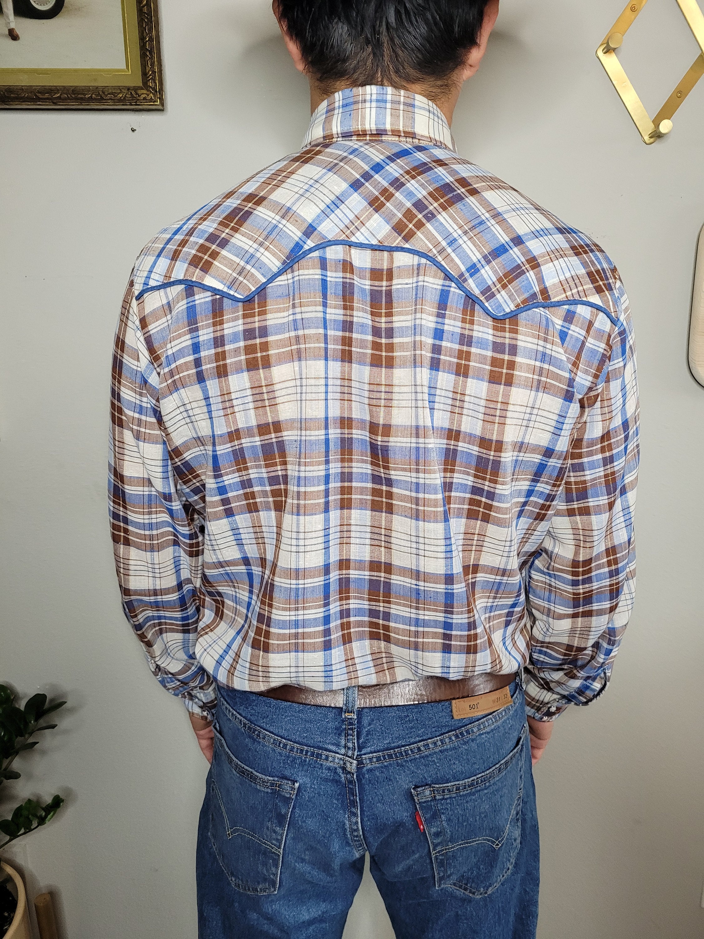 Vintage 70s LEVI'S Plaid Western Shirt, Men's Large Blue