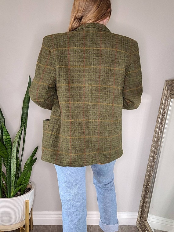 Vintage 90s Olive Green Plaid Wool Blazer, Size S… - image 3