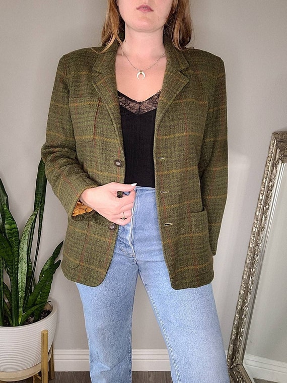 Vintage 90s Olive Green Plaid Wool Blazer, Size S… - image 1