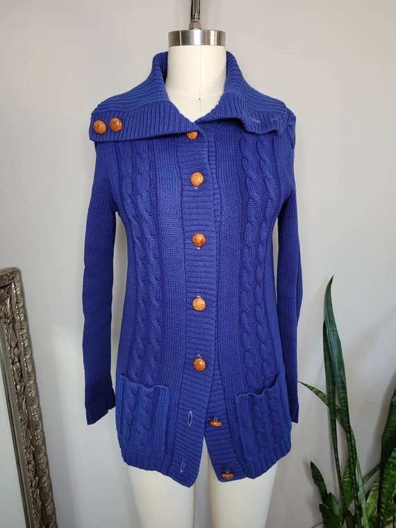 Vintage 70s Chunky Navy Cable Knit Cardigan, Size… - image 9