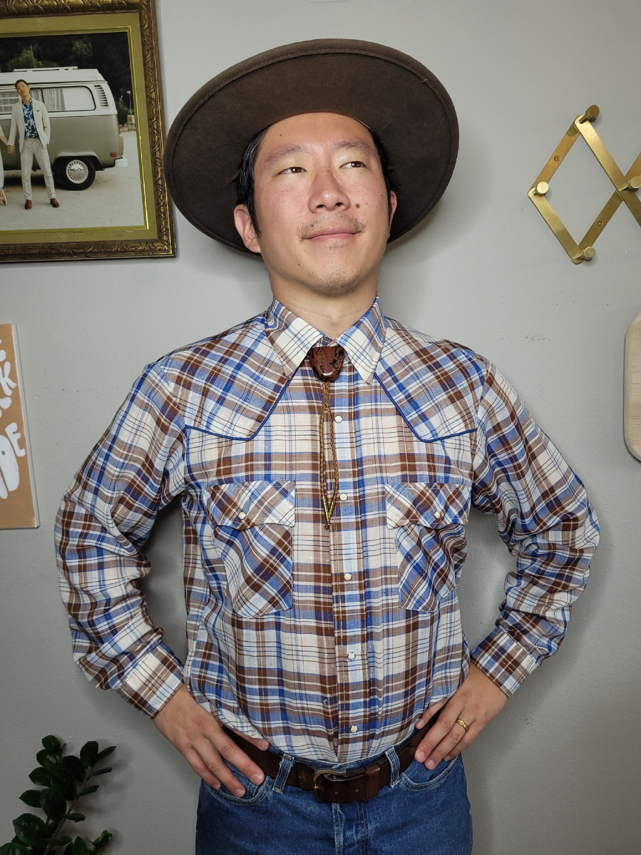 Vintage 70s LEVI'S Plaid Western Shirt, Men's Large Blue