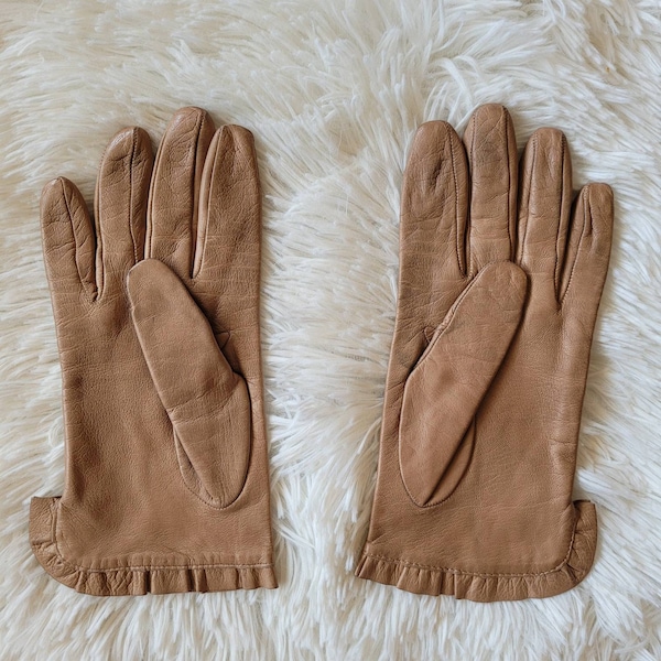 Vintage 90s/00s Miu Miu Taupe Ruffle Leather Gloves, Italian Designer Frilly Lambskin Silk-Lined Mittens, Miuccia Prada Girly Flirty Elegant