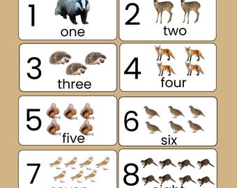 Woodland Animal Counting Cards Set,Forest Animals Number Flashcards 1-10, Montessori Learning Printable for preschool and Homeschool