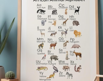 Poster met dierenalfabet safari | Muurkunst kinderkamer| Educatieve ABC-afdruk| Kinderkamerdecoratie| Afdrukbare klaslokaalkunst|Directe download