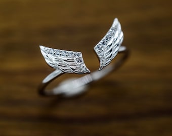 Sterlingzilveren ring met engelvleugel, verstelbare open band / spiritueel cadeau / sentimentele damesring / 925 sterlingzilveren ring / valentijnscadeau