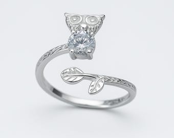 White Sapphire Owl 3D Ring .925 Sterling Silver - Etsy White Sapphire Owl 3D Ring .925 Sterling Silver main image 2