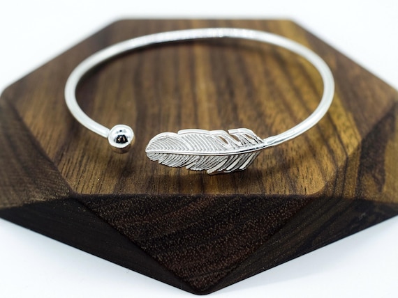 Adjustable Sterling Silver Feather Bangle /  Meaningful & Sentimental Gift for Her