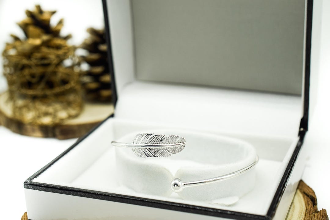 Sentimental Protection Feather Swirl Silver Bangle / Adjustable Women’s Bangle / Sentimental ...