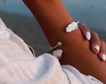 Brazalete de plumas de plata maciza con circonita, ajustable, regalo espiritual, brazalete de alas de ángel, pulsera de plumas con cristal de circonita.