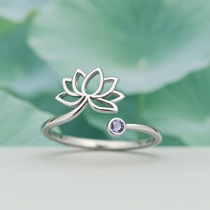 Lotus Ring 925 Sterling silver / Womens Silver Lotus Bohemian Ring / Cute Ring / Flower Ring / Purple Gemstone Ring / Spiritual Summer Ring