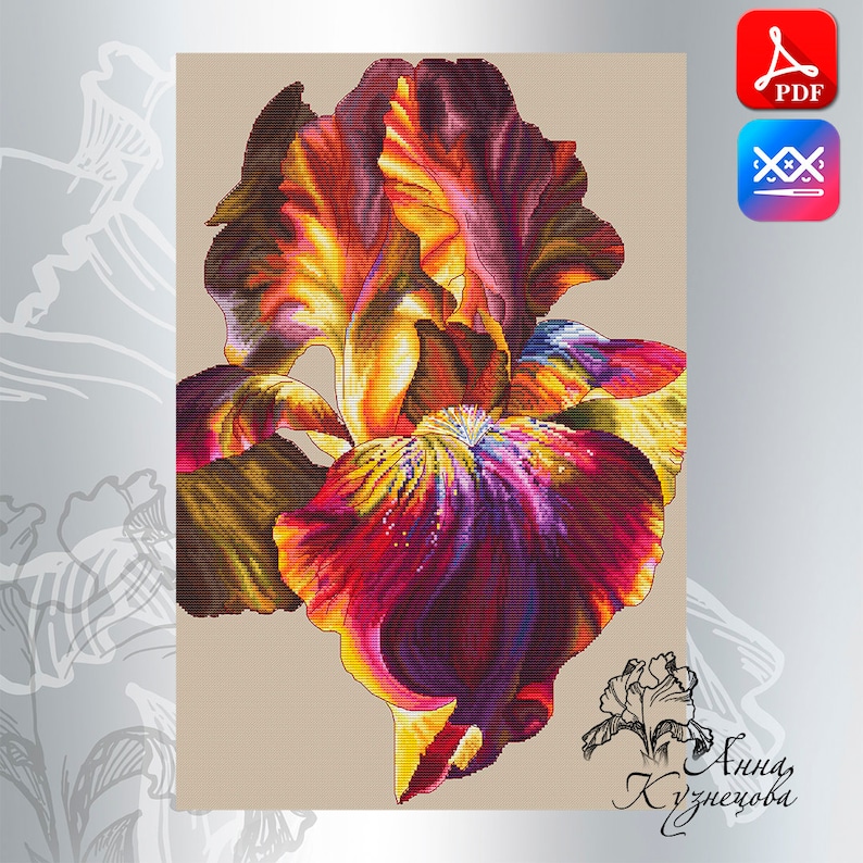 Cross Stitch PDF Instant Download Iris Spring red Watercolor Cross Stitch Flower Cross Stitch fire Cross Stitch Xstitch Bouquet