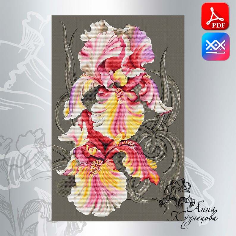 Iris cross stitch pattern PDF instant download, Pink flowers cro Iris cross stitch pattern PDF instant download, Pink flowers cro