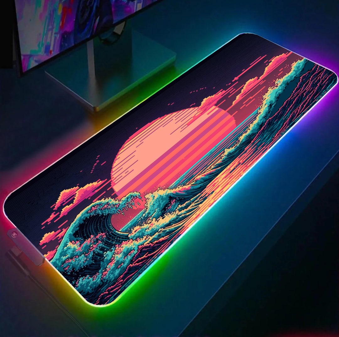 The Great Wave RGB XXL Mousepad, Retro Cyber Punk Vaporwave, RGB Gaming