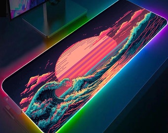 The Great Wave RGB XXL Mousepad, Retro Cyber Punk Vaporwave, RGB Gaming Mouse Pad, Japanese Style 8bit Gaming Desk Mat