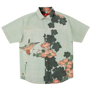 Hibiscus And Sparrow (1833) By Hokusai - Button Down Shirt - Hawaiian Shirt Japanese Woodblock Print Ukiyoe Art Reprint