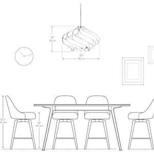 May include: A black and white line drawing of a dining room set with a table and four chairs. The table is 20 inches wide and 37.5 inches tall. The chairs are 26 inches tall. A ceiling light fixture is shown above the table. The light fixture is 13 inches tall and 20 inches wide.