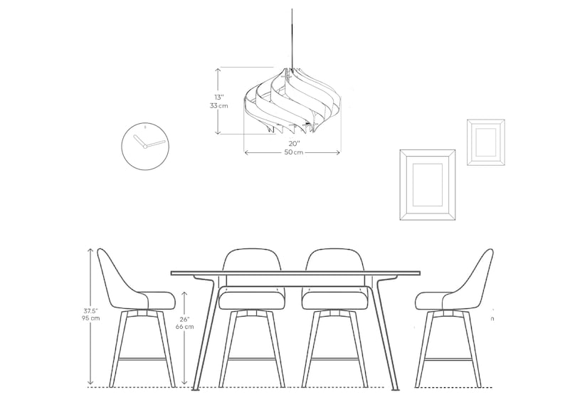 May include: A black and white line drawing of a dining room set with a table and four chairs. The table is 20 inches wide and 37.5 inches tall. The chairs are 26 inches tall. A ceiling light fixture is shown above the table. The light fixture is 13 inches tall and 20 inches wide.