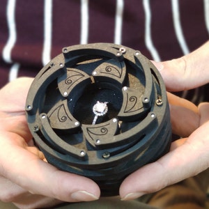 Black Wooden Twist-Open Ring Box: Laser-Cut Engagement Ring Holder