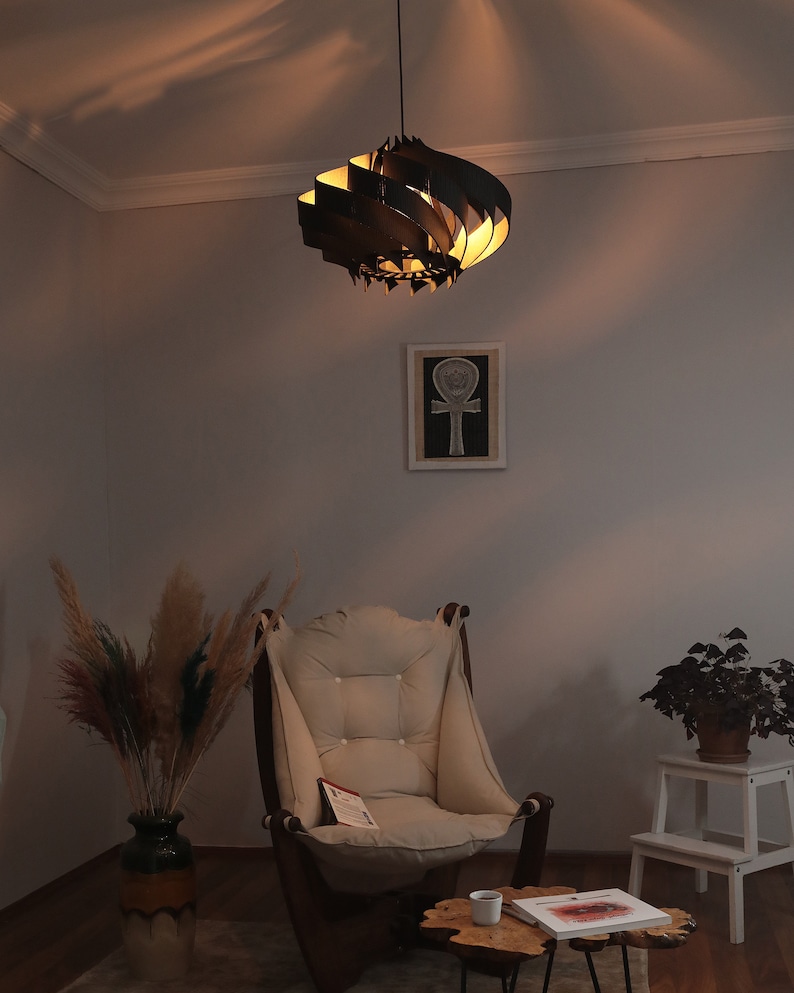 Black Pendant Light Chandelier Scandinavian Ceiling Lampshade Wood Matte Black image 2