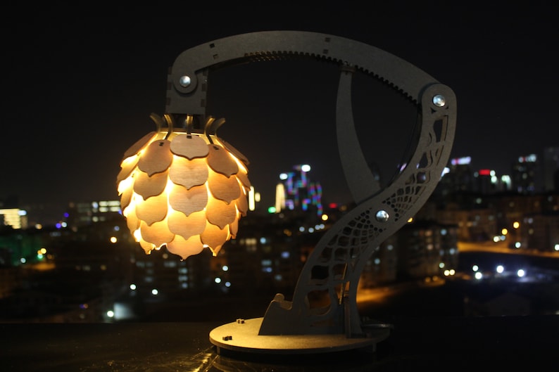 May include: A wooden lamp with a unique design resembling a robotic arm holding a light fixture shaped like a pine cone. The lamp is illuminated and casts a warm glow. The background is a blurry cityscape at night.