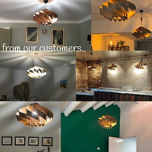 May include: A collage of images showcasing a wooden, multi-layered, spiral-shaped pendant light fixture in various home settings. The light fixture is shown in a living room, a kitchen, and a bedroom. The light fixture is made of natural wood and has a warm, inviting glow.