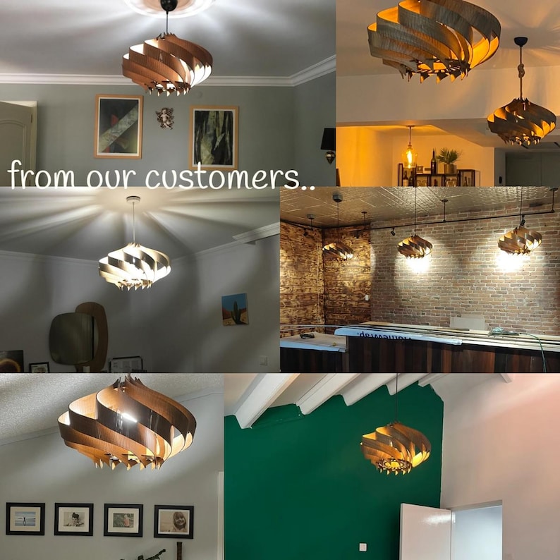 May include: A collage of images showcasing a wooden, multi-layered, spiral-shaped pendant light fixture in various home settings. The light fixture is shown in a living room, a kitchen, and a bedroom. The light fixture is made of natural wood and has a warm, inviting glow.