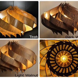 May include: A wooden pendant light fixture with a spiral design. The light is shown in three different wood finishes: teak, light walnut, and dark walnut.