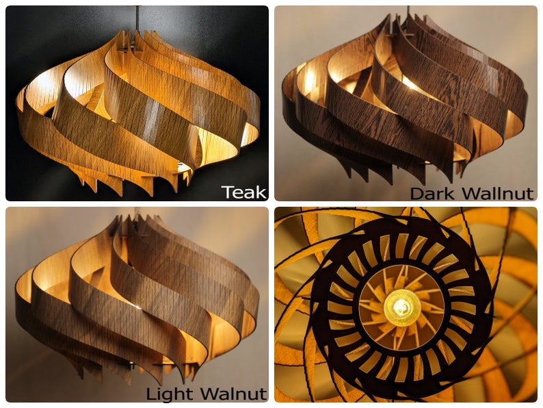 May include: A wooden pendant light fixture with a spiral design. The light is shown in three different wood finishes: teak, light walnut, and dark walnut.