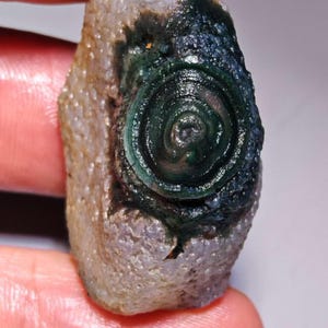 May include: A natural stone with a swirling, dark green pattern at its center. The stone has a rough, textured surface with shades of gray and white. The dark green pattern resembles a spiral or eye-like design. The stone is held by a person's fingers.