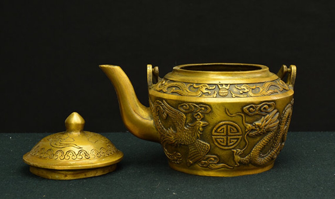 Vintage Chinese Copper Art Carvingdragon Tea Pot Etsy