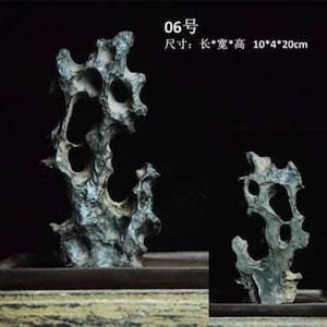 May include: A weathered, gray-green stone sculpture with multiple holes and an irregular shape. The sculpture is approximately 10 cm wide, 4 cm deep, and 20 cm tall. The text "06" is visible in the upper left corner.