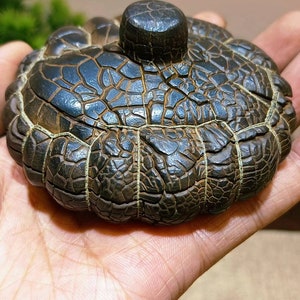 May include: A dark brown ceramic teapot with a textured, crocodile-like surface. The teapot has a round lid with a small knob on top.