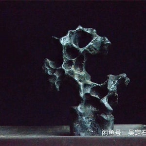 May include: A dark grey, abstract rock formation with a rough, textured surface. The rock is shaped like a tree with many branches and holes. The rock is sitting on a black tray. The text "内鱼号: 是定石假山盆景" is written in black on a white background below the rock.