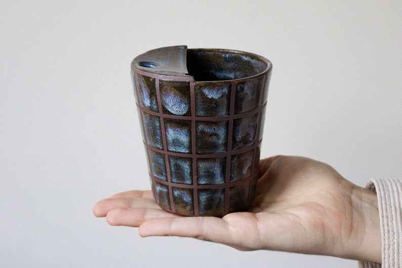 CHECKERED pattern travel sippy keep cup handmade, ceramic, tumbler, unique, cup, coffee, rustic, clay, checker, mug, gift, art, artistic image 1