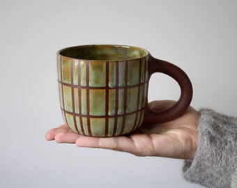 Big CHECKERED pattern glaze mug | handmade, ceramic, kinfolk, unique, mugs, cup, coffee, tea, rustic, clay, checker, cute, gift, artistic |