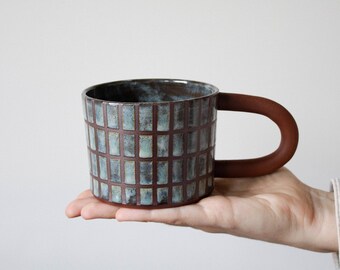 CHECKERED pattern glaze mug | handmade, ceramic, latte, unique, mugs, cup, coffee, tea, rustic, clay, checker, cute, gift, artistic |