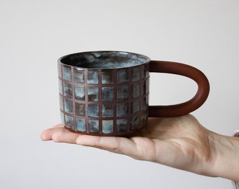 CHECKERED pattern glaze mug | handmade, ceramic, kinfolk, unique, mugs, cup, coffee, tea, rustic, clay, checker, cute, gift, artistic |