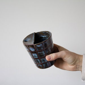 CHECKERED pattern travel sippy keep cup handmade, ceramic, tumbler, unique, cup, coffee, rustic, clay, checker, mug, gift, art, artistic image 6