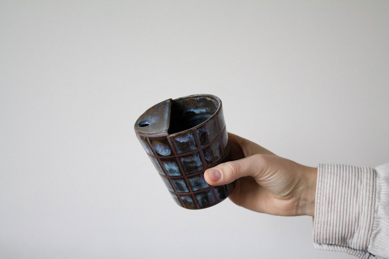 CHECKERED pattern travel sippy keep cup handmade, ceramic, tumbler, unique, cup, coffee, rustic, clay, checker, mug, gift, art, artistic image 6