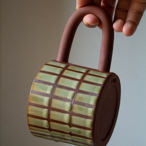 CHECKERED pattern glaze mug handmade, ceramic, kinfolk, unique, mugs, cup, coffee, tea, rustic, clay, checker, cute, gift, artistic image 3