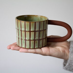 CHECKERED pattern glaze mug handmade, ceramic, kinfolk, unique, mugs, cup, coffee, tea, rustic, clay, checker, cute, gift, artistic image 1