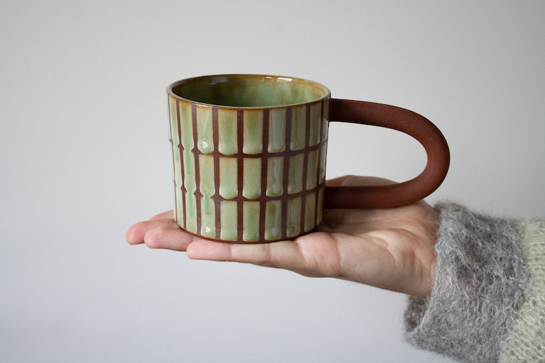 CHECKERED pattern glaze mug handmade, ceramic, kinfolk, unique, mugs, cup, coffee, tea, rustic, clay, checker, cute, gift, artistic image 1