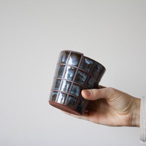 CHECKERED pattern travel sippy keep cup handmade, ceramic, tumbler, unique, cup, coffee, rustic, clay, checker, mug, gift, art, artistic image 3