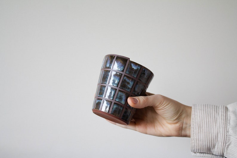 CHECKERED pattern travel sippy keep cup handmade, ceramic, tumbler, unique, cup, coffee, rustic, clay, checker, mug, gift, art, artistic image 3