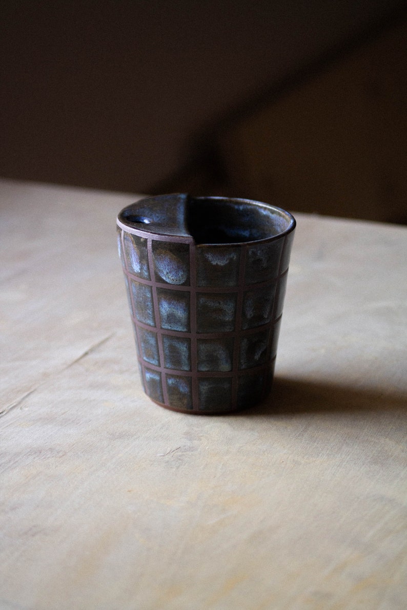 CHECKERED pattern travel sippy keep cup handmade, ceramic, tumbler, unique, cup, coffee, rustic, clay, checker, mug, gift, art, artistic image 2