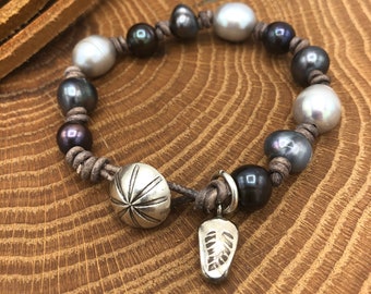 Freshwater Pearls, Leather, Hill Tribe Button Clasp, Leaf Charm , Bracelet, Sundance Style